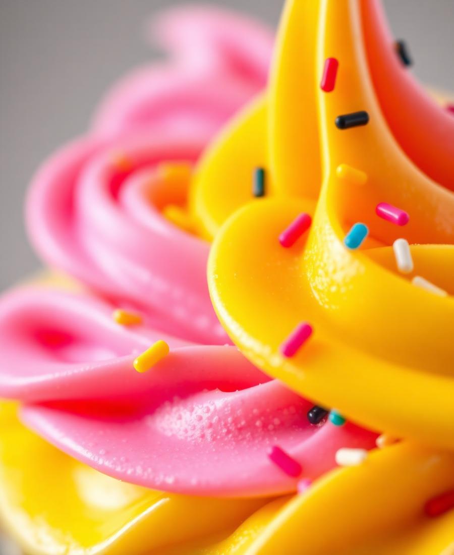 Close-up of pink and yellow buttercream swirls