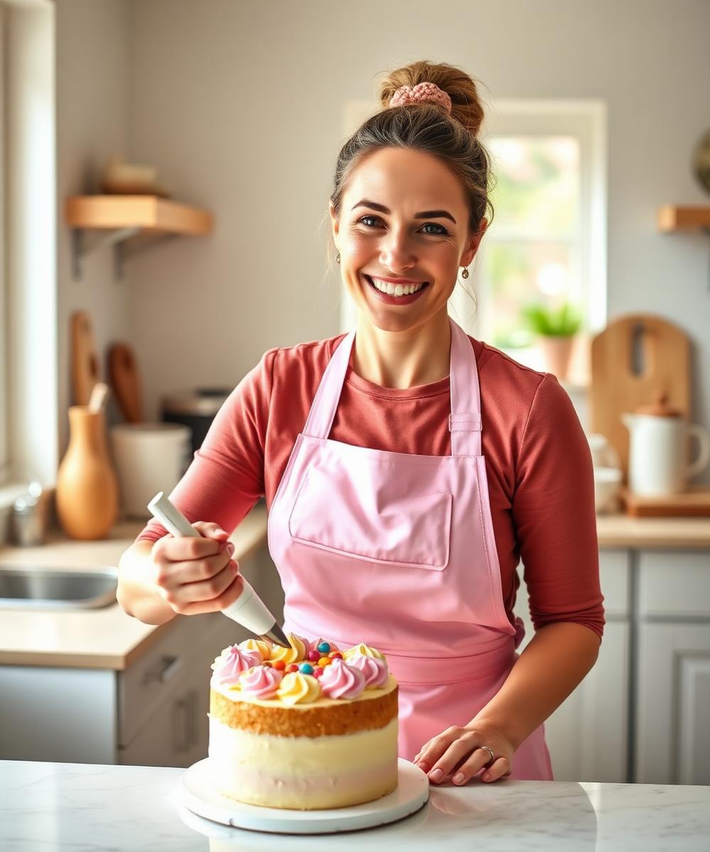 Samantha Jo Carroll piping buttercream onto a cake